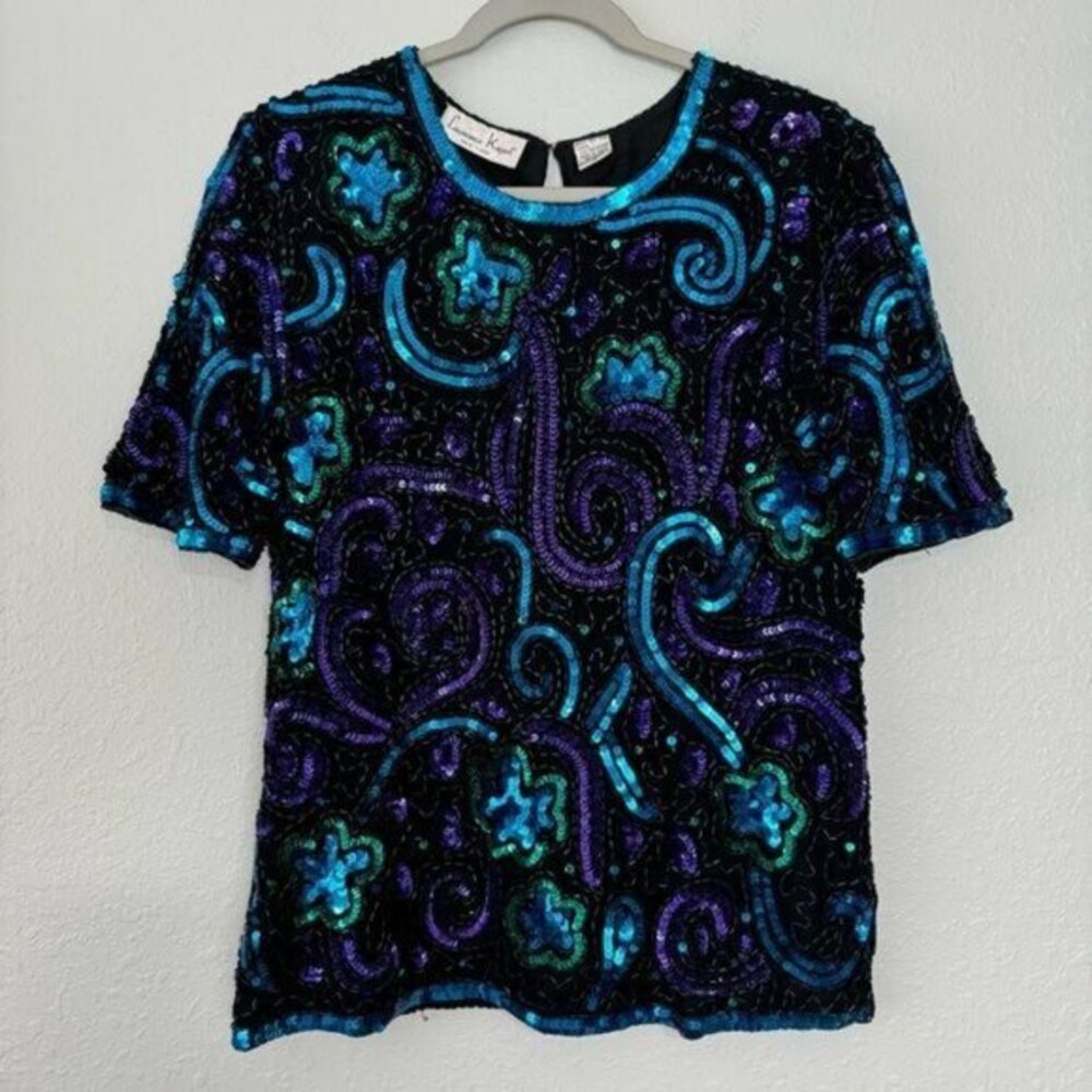 Vintage 80s Laurence Kazar sequin blue purple orange silk blouse M Ugly Sweater